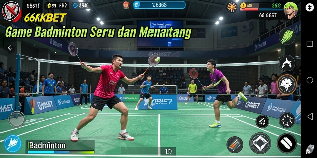 Tampilan antarmuka 66KBET dengan karakter badminton yang menarik.